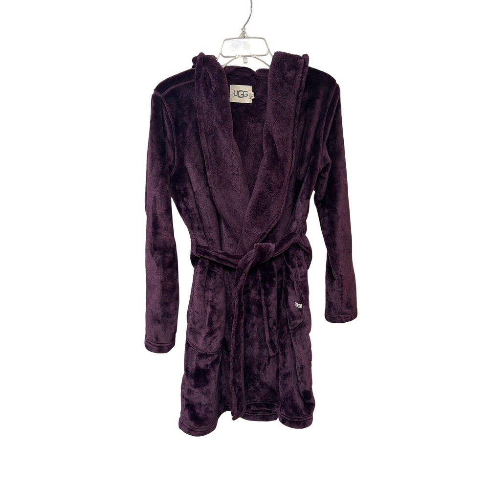 UGG Womens Purple Plush Hooded Robe Soft Fleece Belted Bathrobe Small